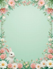 Fototapeta premium Whimsical Digital Illustration Cute White Rabbit Surrounded Daisies Floral Border Soft Pastel Green Background - Easter Marketing Spring Celebrations