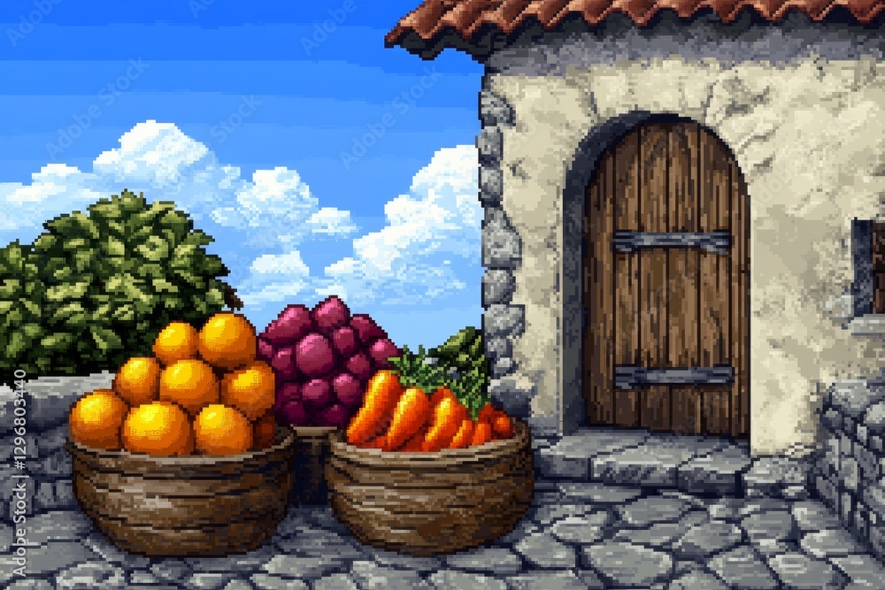 Aufkleber A pixel art fruit stand with tiny animated fruit bouncing slightly in a retro RPG setting