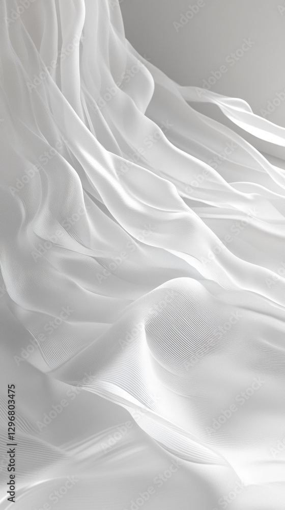 Poster close-up of soft white fabric gently flowing with elegant curves and smooth texture, symbolizing pur