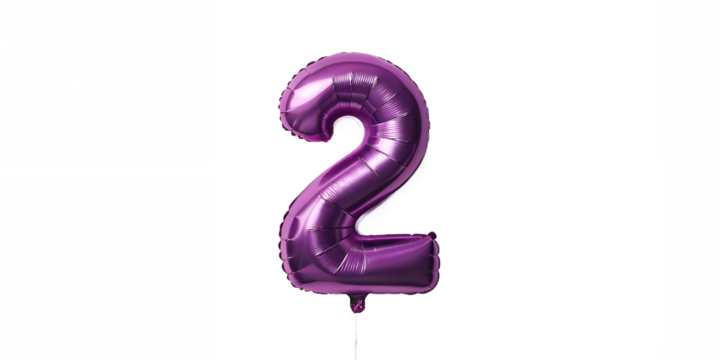 Purple Metallic Number 2 Balloon on Transparent Background for Bold Party Style, PNG Transparent