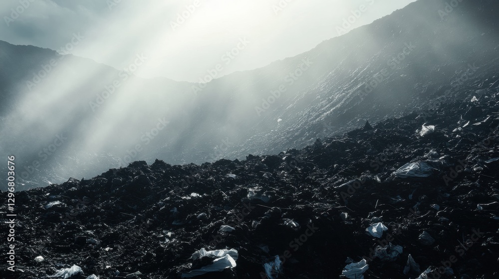 Aufkleber massive mountain of plastic waste in landfill under cloudy sky with space for environmental awarenes