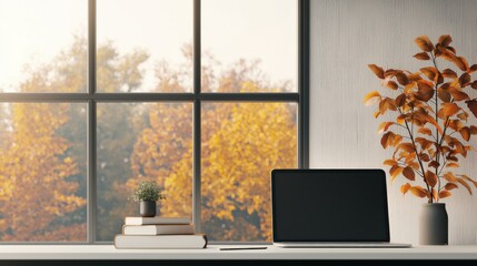 Cozy e-learning setup laptop books home office digital workspace autumn vibes warm environment inviting view