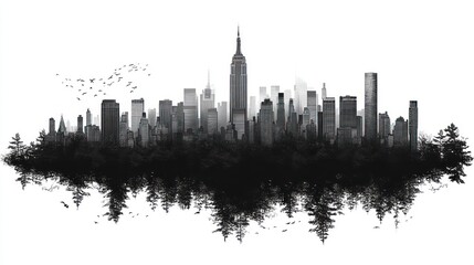 Obraz premium NYC Skyline Emerging from Forest, Birds Flying, Urban Nature
