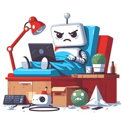 Lazy robot activity, doing online surfing in a laptop