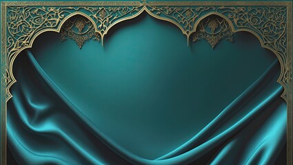 Isometric Luxurious Gold Decorative Frame on Teal Satin Fabric Background  