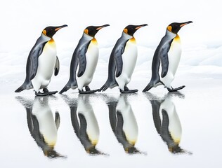 Obraz premium Group of Four Emperor Penguins Walking Together on Ice with Reflections in Calm Water Under Soft Light in a Polar Environment