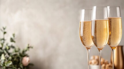 Three elegantly arranged champagne flutes filled with sparkling wine, creating a celebratory atmosphere perfect for special occasions and festivities.