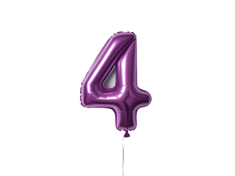 Purple Metallic Number 4 Balloon on Transparent for Fun and Festive Celebrations, PNG Transparent