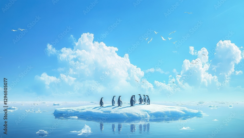 Poster group of penguins on ice floating in calm ocean under bright blue sky with fluffy clouds and seagull