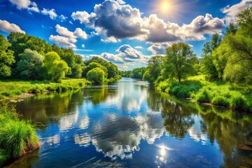 Fototapeta premium Serene River Scene: Blue Sky, Trees, Tranquil Water