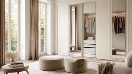 Fototapeta premium Serene Interior: An inviting interior space reveals a harmonious blend of natural light, neutral tones, and modern design, capturing the essence of tranquility and refined living.