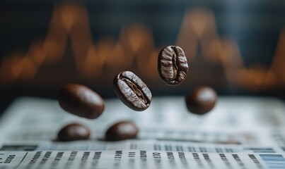 Coffee beans levitate above financial news; market trends background