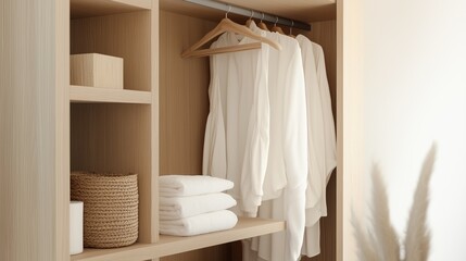 Minimalist Closet: An inviting glimpse inside a modern, minimalist closet, with neatly arranged clothes, soft textiles, and a natural, serene aesthetic.