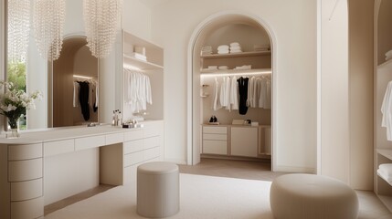Elegant Closet Interior: A luxurious closet interior, featuring minimalist design, arched doorways, custom cabinetry.