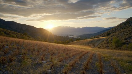 Serene Sunset Over Rolling Hills and Crop Fields in Rural Landscape