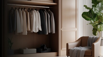 Elegant Wardrobe and Cozy Chair: A well-organized wardrobe filled with a curated collection of garments, complemented by a stylish armchair and a potted plant, creating a sense of calm and luxury.