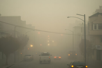 A street full of cars, with a thick, visible smog layer. Bad air quality and vehicle emissions