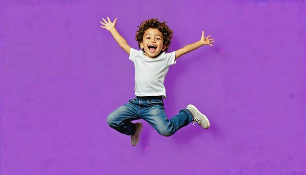 Playful boy leaping joyfully against a vibrant purple backdrop
