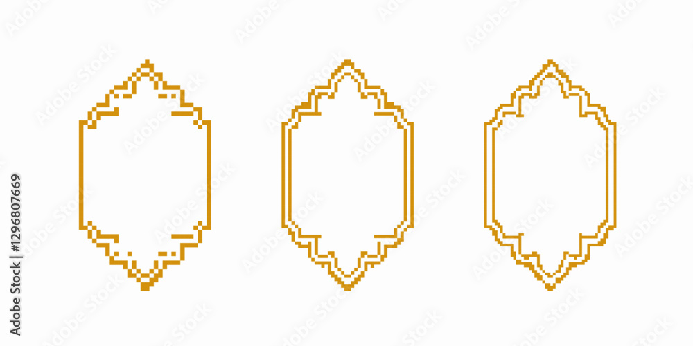 Poster three gold pixel frames with geometric patterns show symmetry and intricate designs.