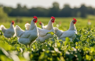Fototapeta premium Group of White Chickens Standing Among Green Fields Under Bright Sunlight in a Rural Farm Setting with Lush Vegetation and Blurred Background