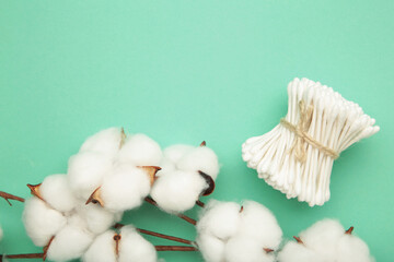 White cotton stricks on mint background. Eco friendly. Hygienic cotton swabs for ears. Top view
