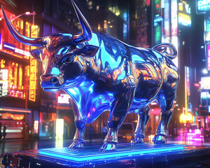 A glowing metallic bull statue standing in a neon-lit city, symbolizing power, strength, and financial growth in the digital age