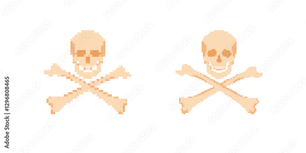 Aufkleber pixelated skull and crossbones icon in two styles; ideal for use in digital design projects.