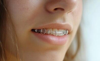 A closeup of a persons mouth with clear braces on teeth