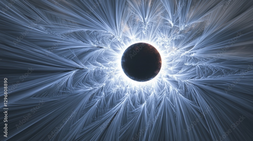 Poster stunning abstract representation of cosmic energy rays emitting from a central dark sphere surrounde