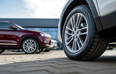 A long row of various cars are parked in front of a car dealership
