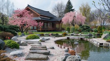 Fototapeta premium Serene Japanese Garden with Cherry Blossom Trees Near Tranquil Pond and Scenic Path in Blooming Spring Landscape