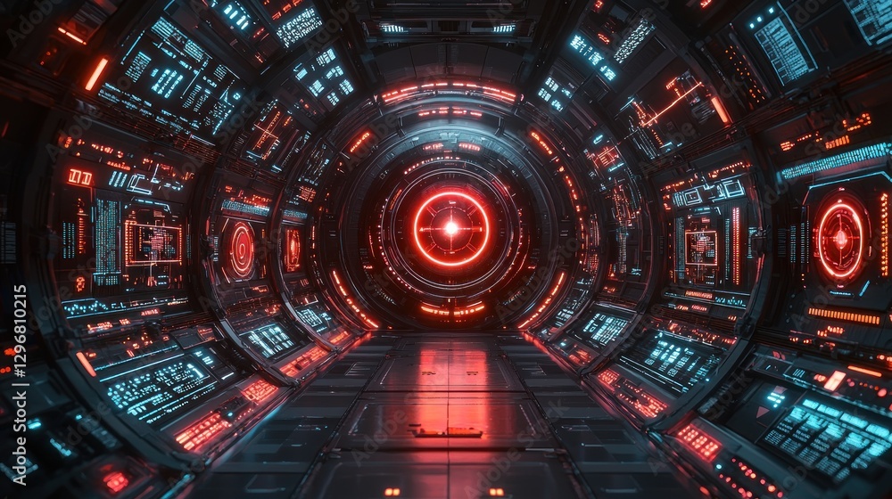 Poster inside futuristic spaceship corridor with glowing ui elements and dark interior