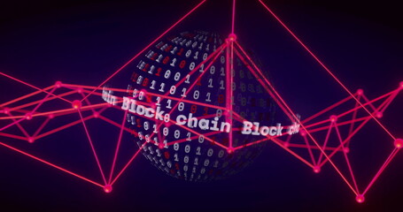 Blockchain text and binary code image over globe with red network connections