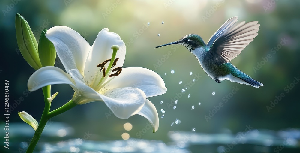 Poster hummingbird approaching white lily flower in a serene natural setting with soft bokeh background and