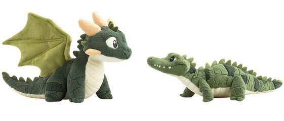 Obraz premium Png of Adorable Green Dragon and Crocodile Plush Toys Soft Stuffed Animal Figures for Kids and Collectors on transparent background.
