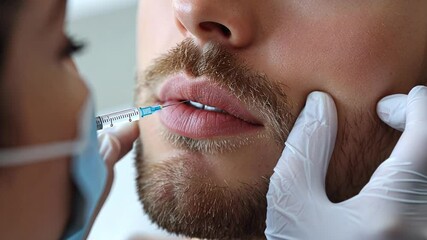 Male cosmetology treatment focuses on lip enhancement with injectable procedure