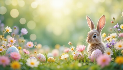 Fototapeta premium Adorable Brown Rabbit Colorful Easter Eggs Spring Flowers Soft Focus Green Bokeh Background - Easter Celebration Spring Marketing Materials