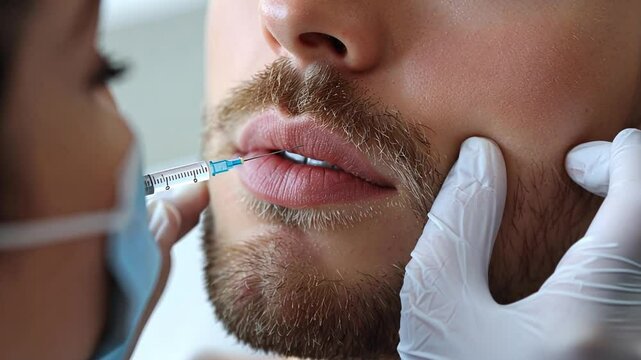 Male cosmetology treatment focuses on lip enhancement with injectable procedure