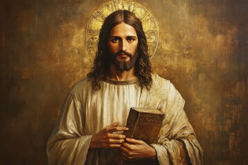 Jesus Christ holding a book with a radiant halo in a serene setting creating a sense of peace and reverence