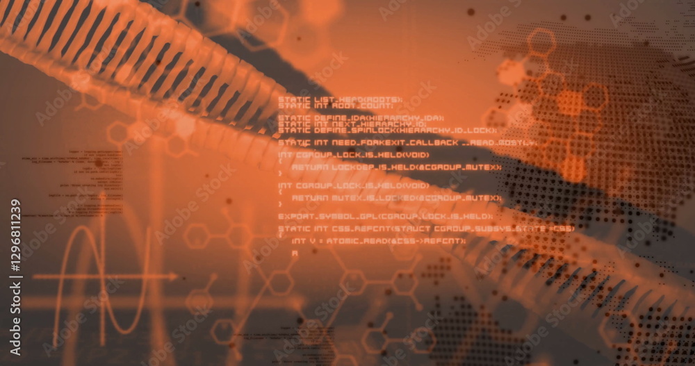 Poster hexagonal patterns and data processing image over abstract orange background