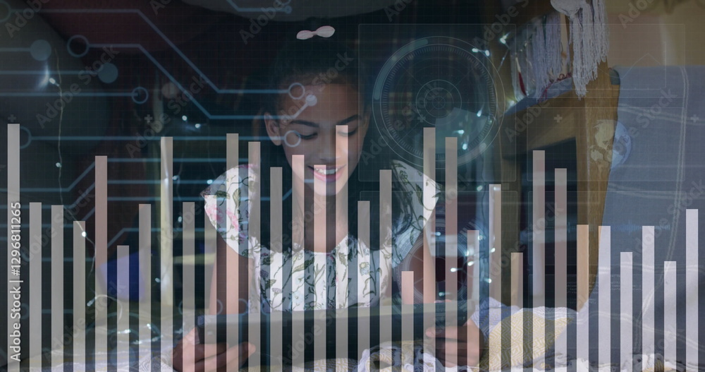 Aufkleber image of data processing and circuit board over biracial girl using tablet