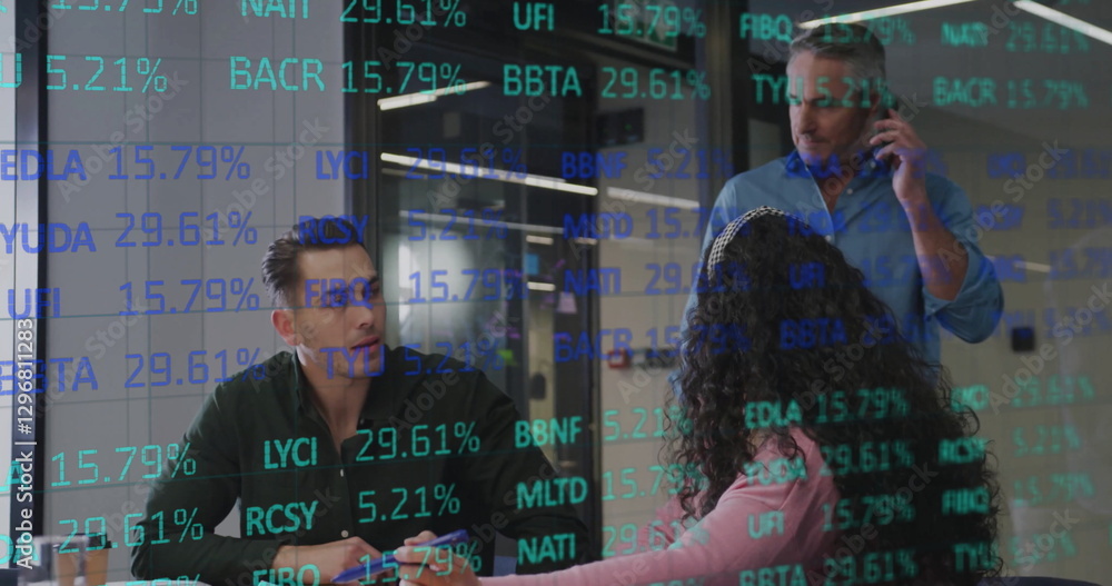 Poster image of financial data processing over diverse colleagues discussing work in office