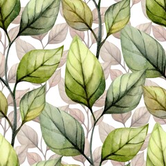 Detailed close-up of a watercolor leaf pattern showcasing various shades of green and delicate background leaves