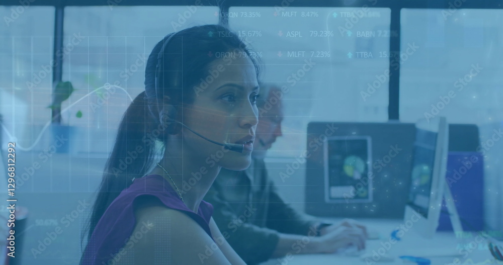 Aufkleber image of data processing and diagrams over diverse colleagues using phone headsets in office