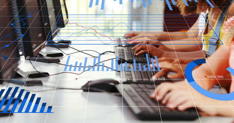 Image of financial data processing over caucasian schoolchildren using computers