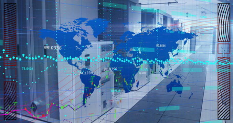 Image of world map, digital data processing over computer servers