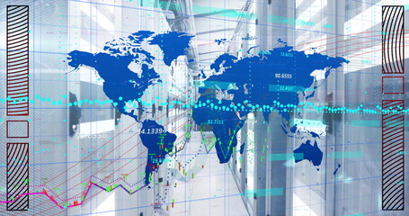 Image of world map, digital data processing over computer servers