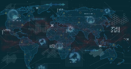 Image of digital data processing over world map on dark background