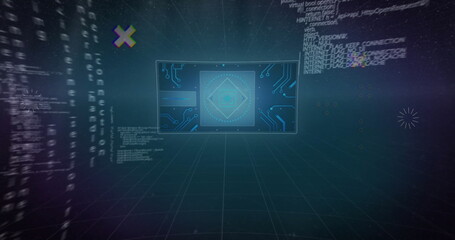 Image of digital data processing over globe on dark background