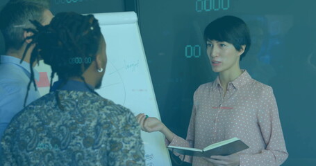 Image of data processing and diagrams over diverse business people at meeting